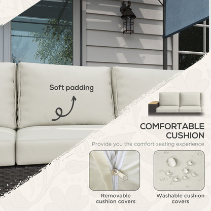 Outsunny 3 Seater Outdoor Sofa with Cushions, Synthetic Rattan Patio Sofa with Woodgrain Armrests, Outdoor Sofa for Porch, Veranda, Garden, Poolside, Cream White
