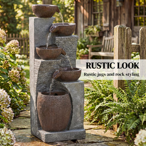 Fontaine d'extérieur à cascade de pierres, 5 niveaux, éclairage LED, débit réglable, gris et marron rustique