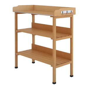 Wooden garden table with storage shelf for tools and hooks