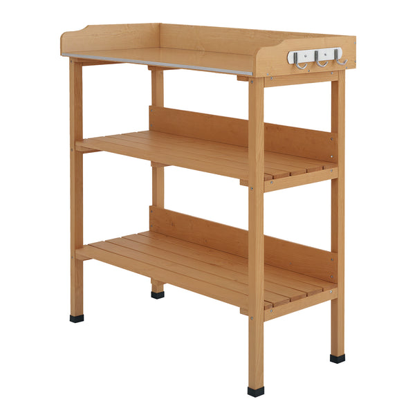 Wooden garden table with storage shelf for tools and hooks