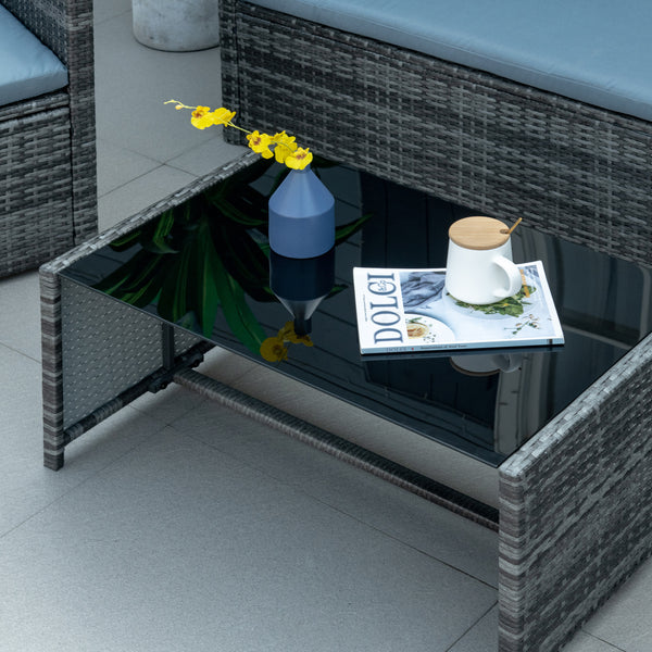 Ensemble de mobilier 4 pièces en résine tressée avec table basse en verre, gris