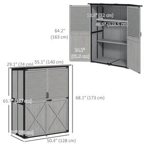 Abri de jardin en bois, structure en acier, toit en asphalte, 2 étagères et portes verrouillables, gris