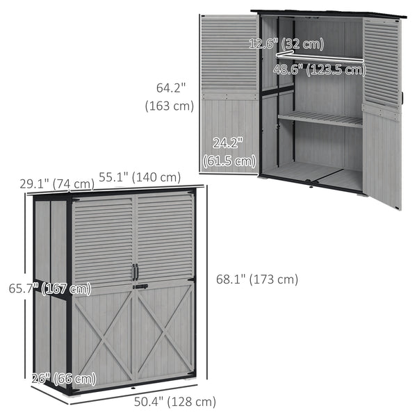 Abri de jardin en bois, structure en acier, toit en asphalte, 2 étagères et portes verrouillables, gris