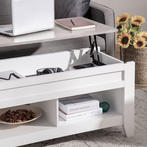 Table basse relevable avec compartiment de rangement dissimulé et étagères ouvertes, blanche