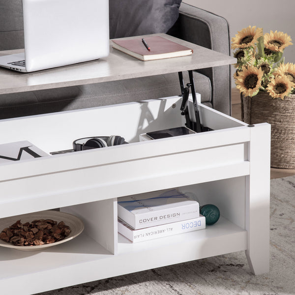 Table basse relevable avec compartiment de rangement dissimulé et étagères ouvertes, blanche