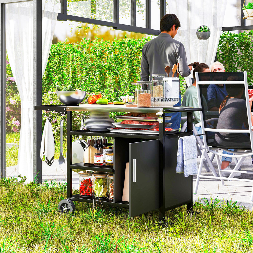 Outdoor BBQ Stand with Foldable Side Table, Stainless Steel Top, Pizza Oven Table with Wheels Hooks Shelves