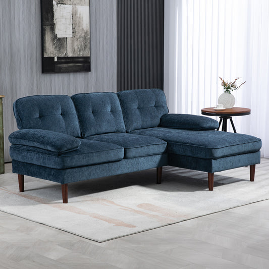 Modern corner sofa with chaise longue, 3 seater upholstered with wooden legs for living room, navy blue