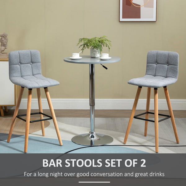 Set of 2 modern bar stools with solid wood legs, grey