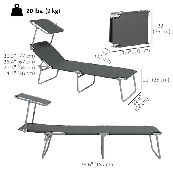 2Pcs Outdoor Lounge Chair, Adjustable Folding Chaise Lounge with Sun Shade for Beach, Camping, Hiking, Grey
