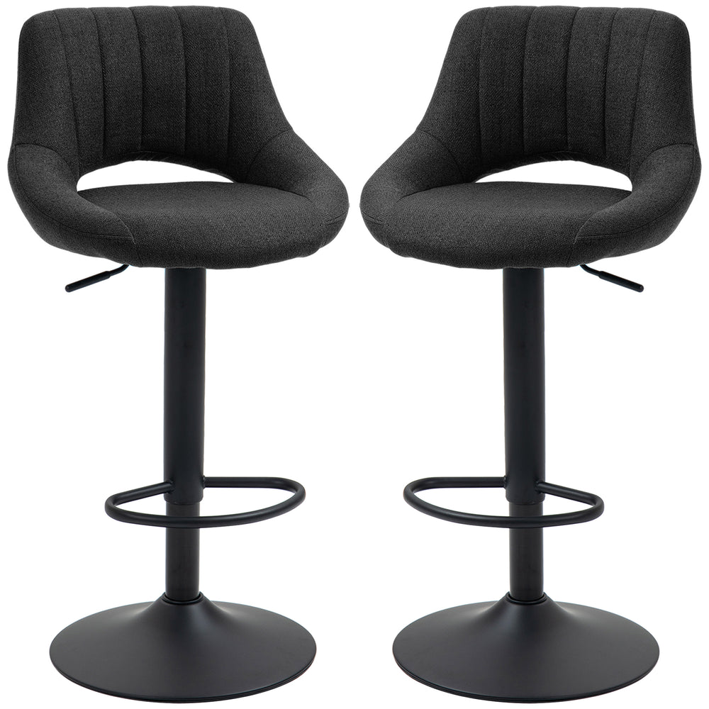 Set of 2 swivel bar stools upholstered in linen, black