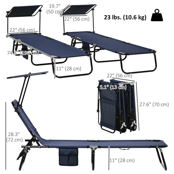 2 Piece Folding Outdoor Chaise Lounges, Pool, Sun, Tanning Chairs with Reclining Back, Sunshade for Beach, Patio, Blue
