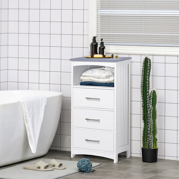 Bathroom storage unit with 3 drawers and open compartment, white