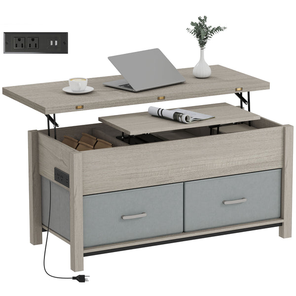 Table basse relevable et extensible avec prises électriques, ports USB et 5 espaces de rangement – Gris foncé