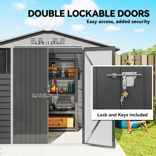 Metal garden shed with 2 windows, 4 vents, lockable doors and mosquito nets, dark grey