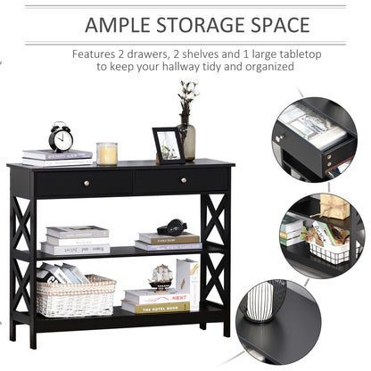 Console d'appoint avec Étagères de Rangement tiroirs et cadre en X, Noir