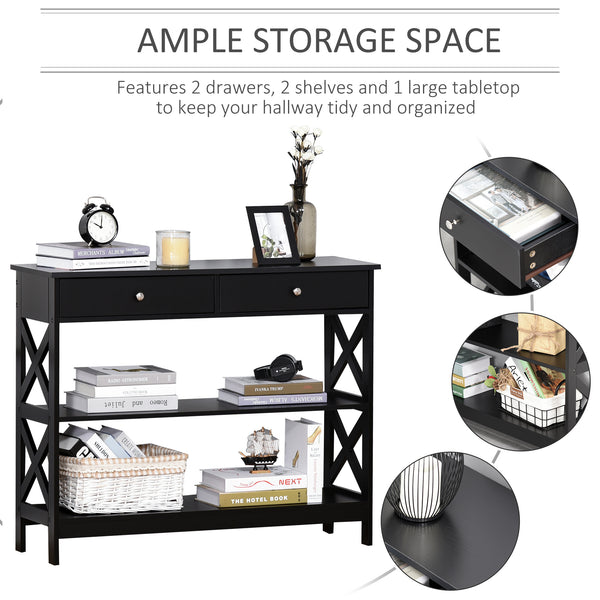 Console Table with Storage Shelves, Drawers and X-Frame, Black