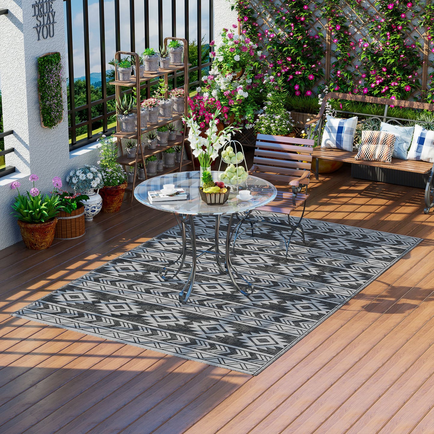 Tapis d'extérieur réversible pour patio, tapis en paille plastique 6' x 9' pour jardin, terrasse, plage, camping, noir et gris