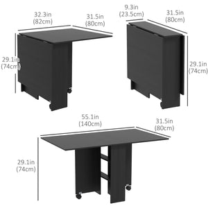 Table de salle à manger pliante avec étagères de rangement et roulettes, noir