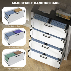 Classeur 4 tiroirs de style campagnard avec barres de suspension réglables pour format lettre, A4, légal, blanc
