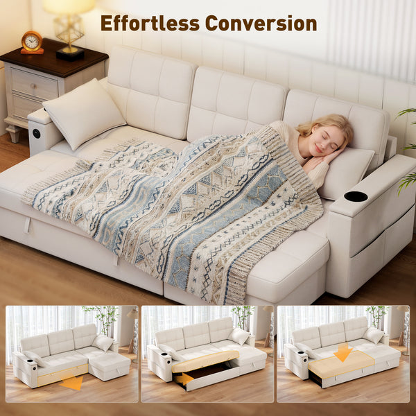 Convertible Sectional Sofa Bed, Pull Out Sleeper Sofa Couch with USB‑A+C, Chaise Storage, L-Shaped Futon Couch, Beige