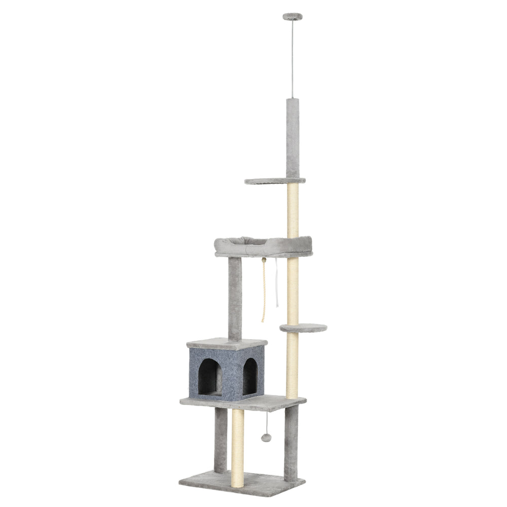 Adjustable Height Cat Tree, Cat Climbing Center with Scratching Posts, Cozy Bed, Grey