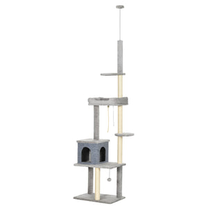 Adjustable Height Cat Tree, Cat Climbing Center with Scratching Posts, Cozy Bed, Grey