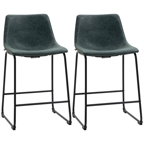 Set of 2 vintage-style bar stools in faux leather, dark green