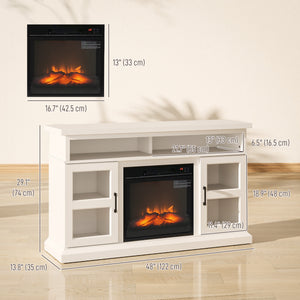 TV stand with integrated fireplace, compatible with TVs up to 55 inches, white