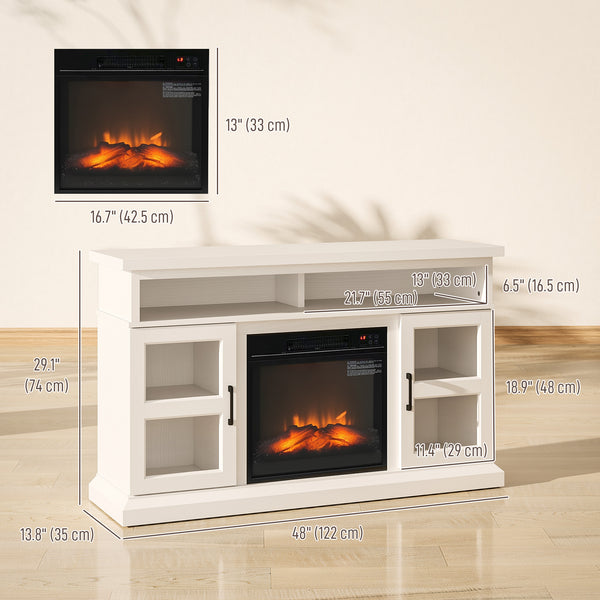 TV stand with integrated fireplace, compatible with TVs up to 55 inches, white