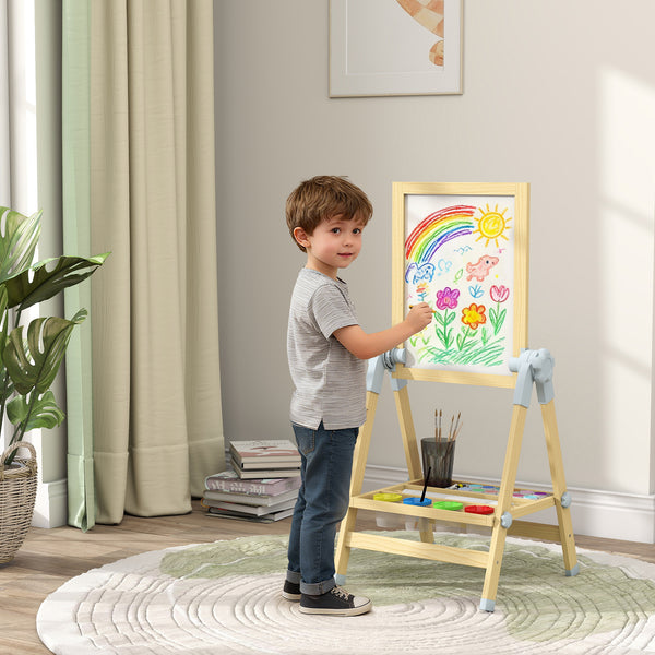 Chevalet d'art en bois double face avec tableau noir réglable en hauteur et tableau blanc magnétique, naturel