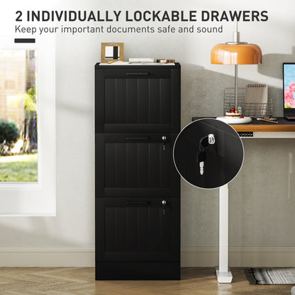 HOMCOM 3 Drawer Filing Cabinet with Lock, Office Storage Cabinet with Adjustable Hanging Bars for A4 Size Files, Black