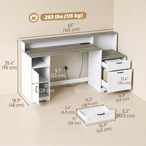 Computer Desk with Power Outlets Office Desk 1 Cabinet File Drawer Gray Brown White