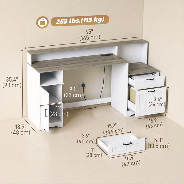 Computer Desk with Power Outlets Office Desk 1 Cabinet File Drawer Gray Brown White