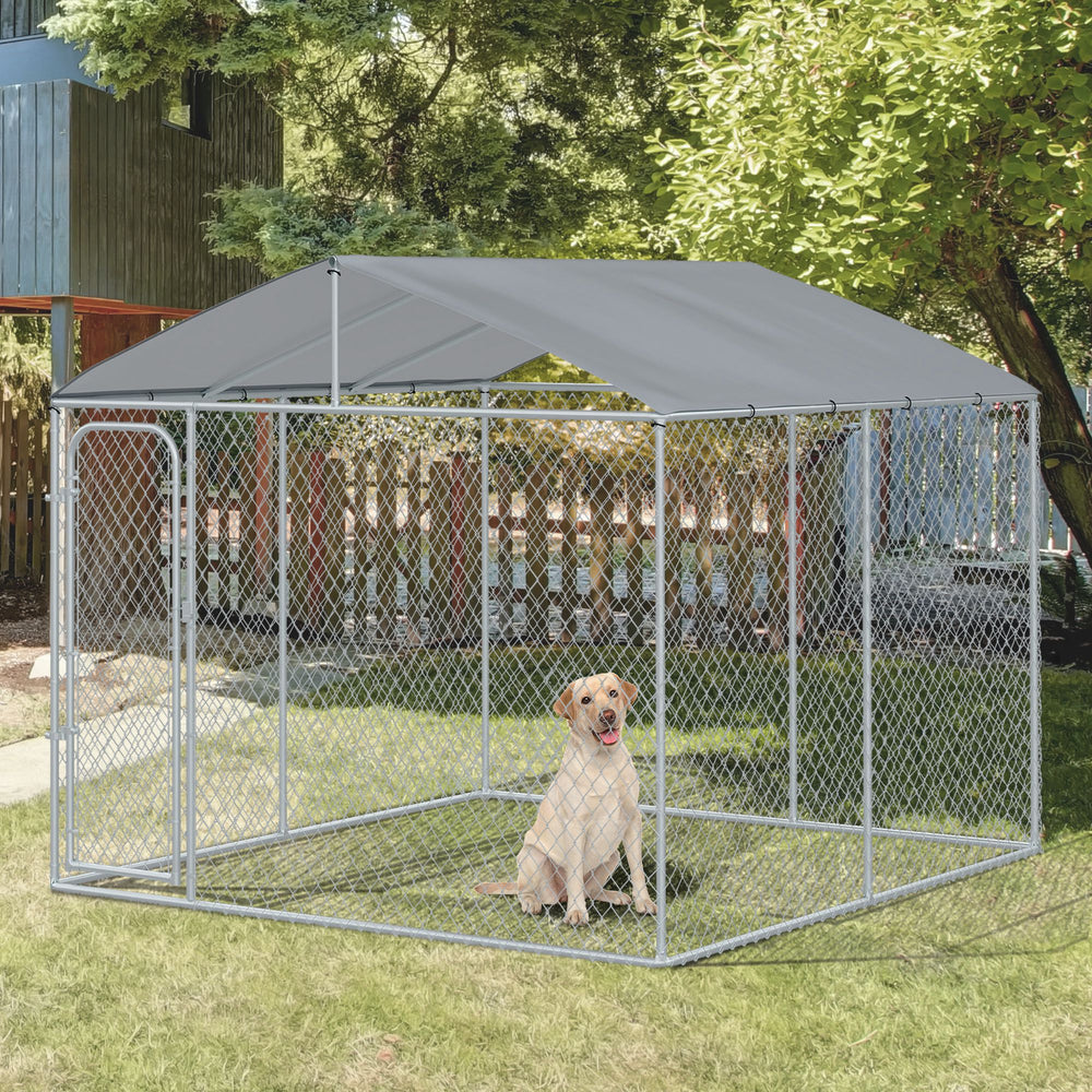 PawHut Dog Kennel Outdoor Run Fence with Roof, Steel Lock, Mesh Sidewalls for Backyard &amp; Patio, 9.8' x 9.8' x 7.7' |