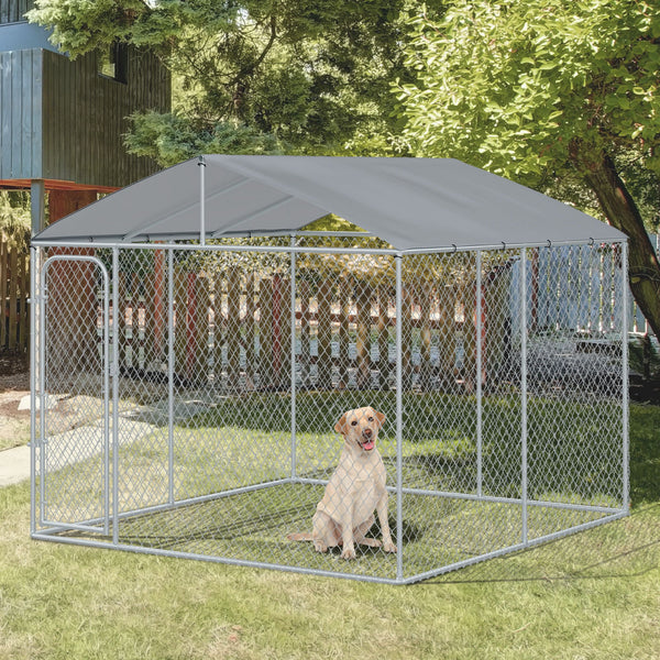 PawHut Dog Kennel Outdoor Run Fence with Roof, Steel Lock, Mesh Sidewalls for Backyard &amp; Patio, 9.8' x 9.8' x 7.7' |