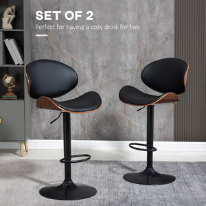 Lot de 2 tabourets de bar pivotants réglables en cuir synthétique moderne, dossier incurvé, repose-pieds et base en acier, noir