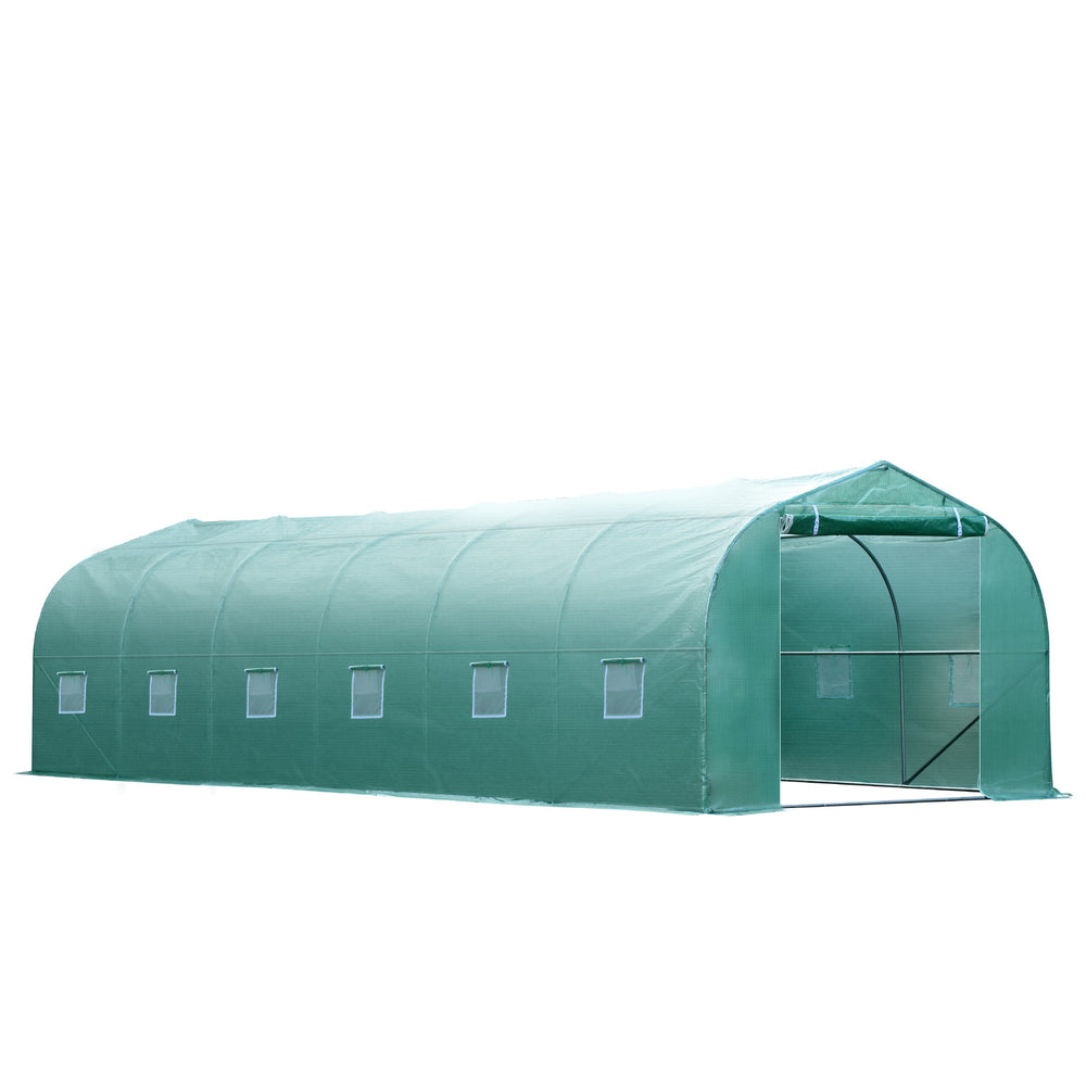 Tunnel greenhouse with 12 windows, easy to assemble, steel frame, green