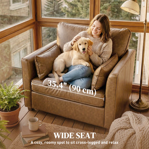 Faux leather accent chair with wide seat, spring cushion, rubberwood legs, 2 cushions, brown