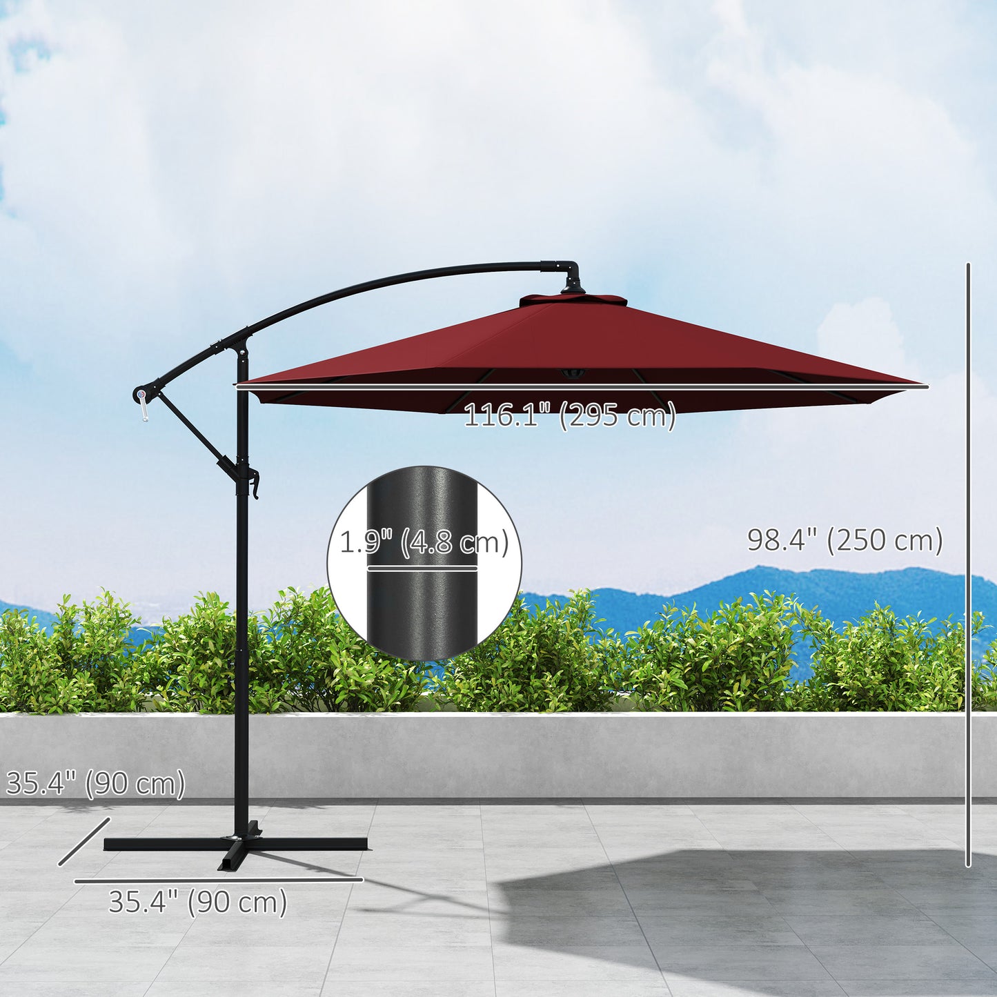 Outsunny 3m Hanging Garden Umbrella, Cantilever, Banana, with Base and Crank, Wine Red