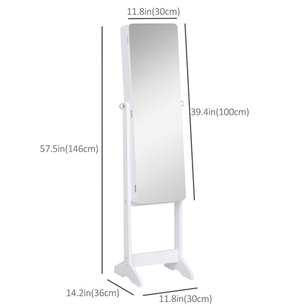 Armoire à bijoux sur pied avec miroir, éclairage LED et support, blanc