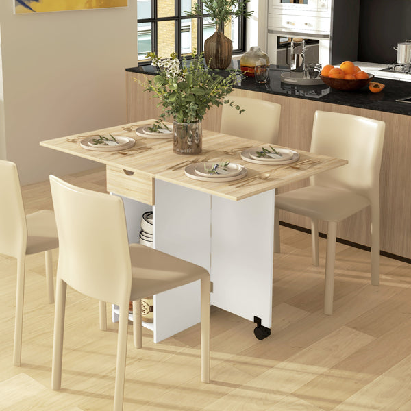 Table de salle à manger pliante avec tiroir et étagères de rangement, chêne