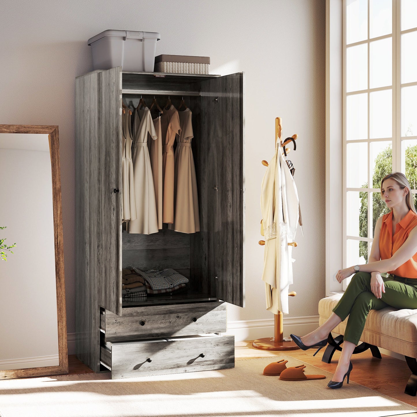 Armoire penderie moderne avec 2 tiroirs et tringle de suspension, gris