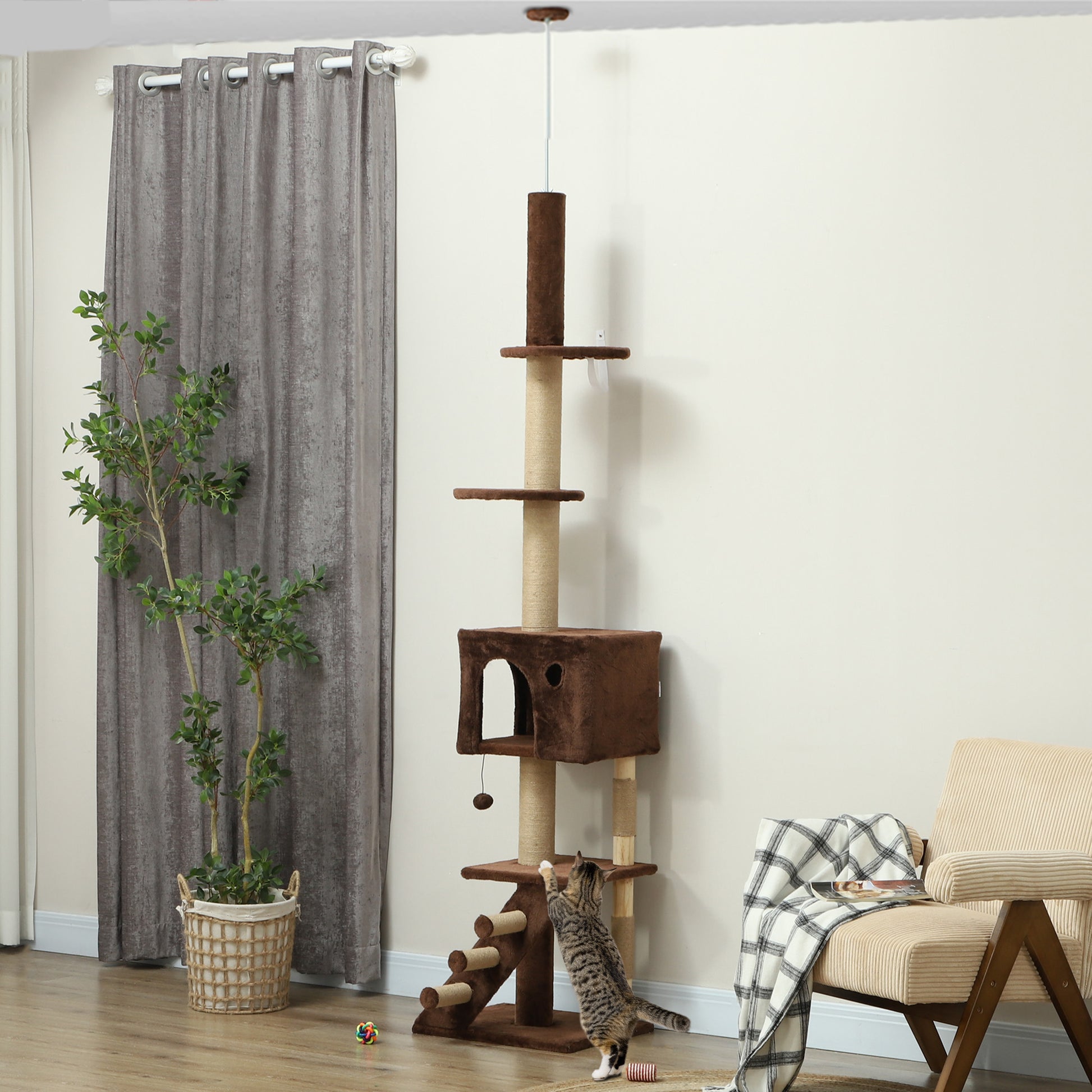 Arbre à chat marron de 226 à 264 cm avec griffoir, maison pour chat, 3 marches et boule suspendue – aire de jeu verticale pour chats