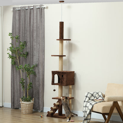 Arbre à chat marron de 226 à 264 cm avec griffoir, maison pour chat, 3 marches et boule suspendue – aire de jeu verticale pour chats