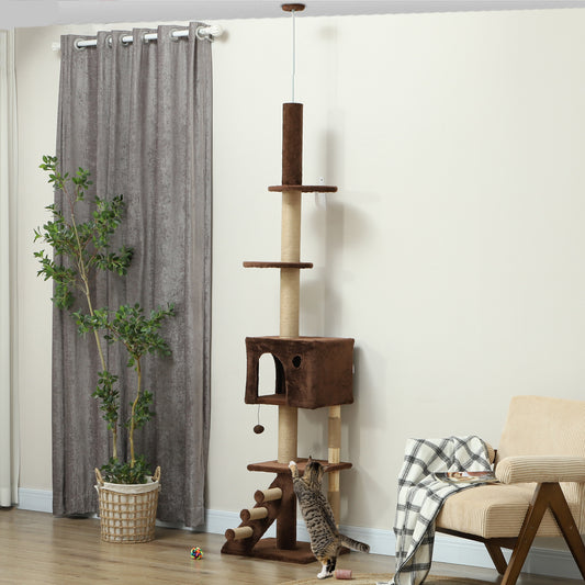 Arbre à chat marron de 226 à 264 cm avec griffoir, maison pour chat, 3 marches et boule suspendue – aire de jeu verticale pour chats
