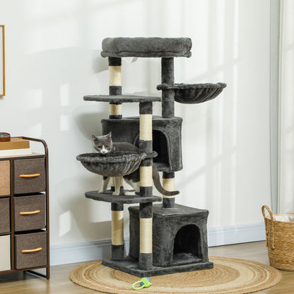 Arbre à chat gris foncé avec griffoirs, lit douillet, plateformes multiples et hamacs, conçu pour les chats d’intérieur afin de favoriser le jeu et le repos