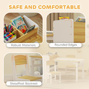 Toddler Table and Chairs with Paper Roll, Storage Shelves and Drawers, Natural Wood