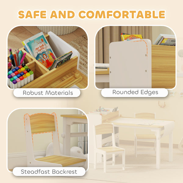 Toddler Table and Chairs with Paper Roll, Storage Shelves and Drawers, Natural Wood