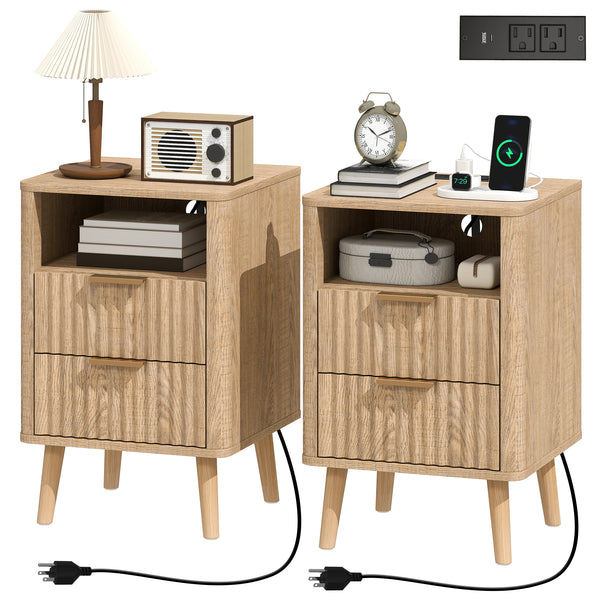 Ensemble de 2 tables de chevet modernes avec station de recharge, 2 tiroirs et une étagère ouverte, chêne