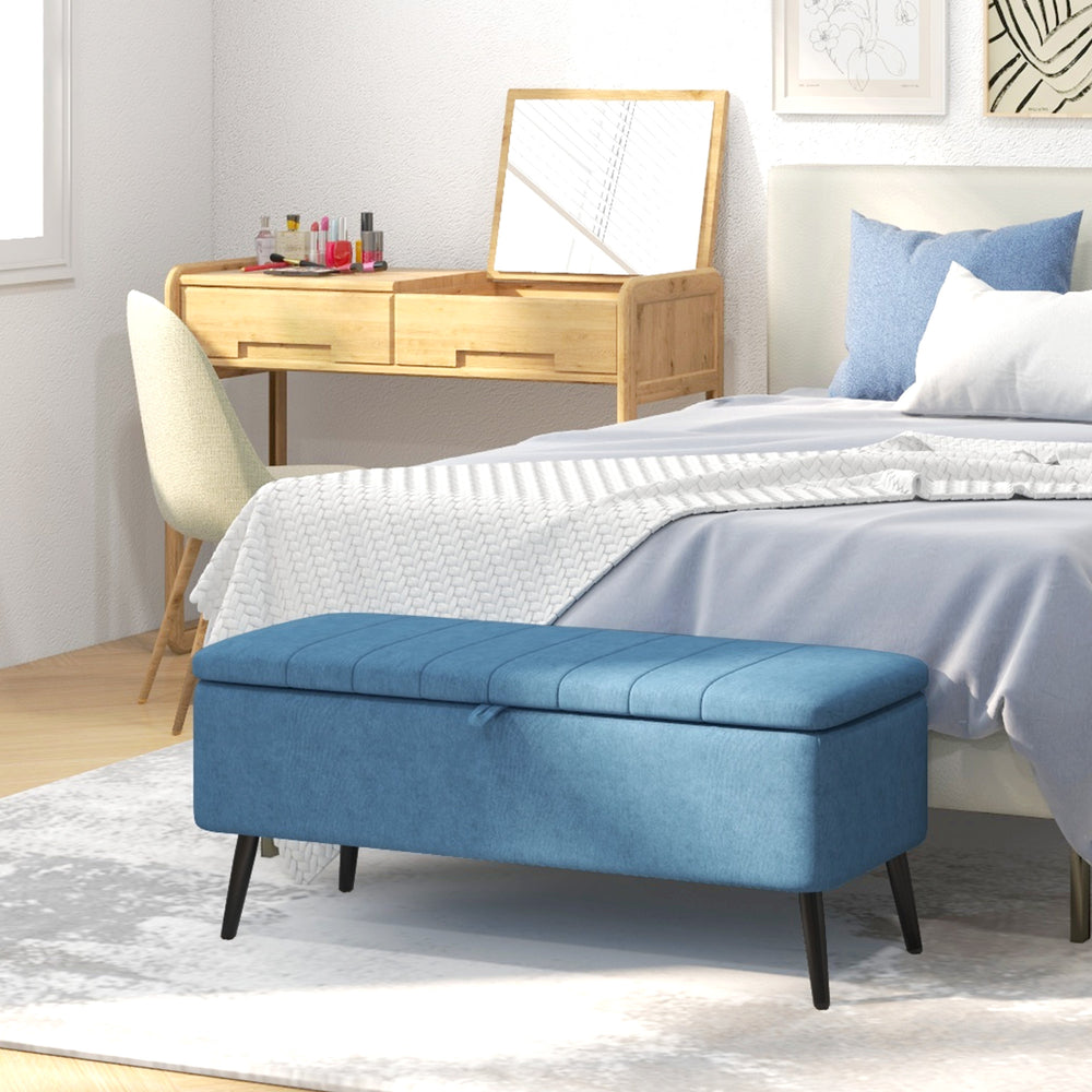 Pouf avec rangement rembourré en lin avec pieds en acier, bleu foncé